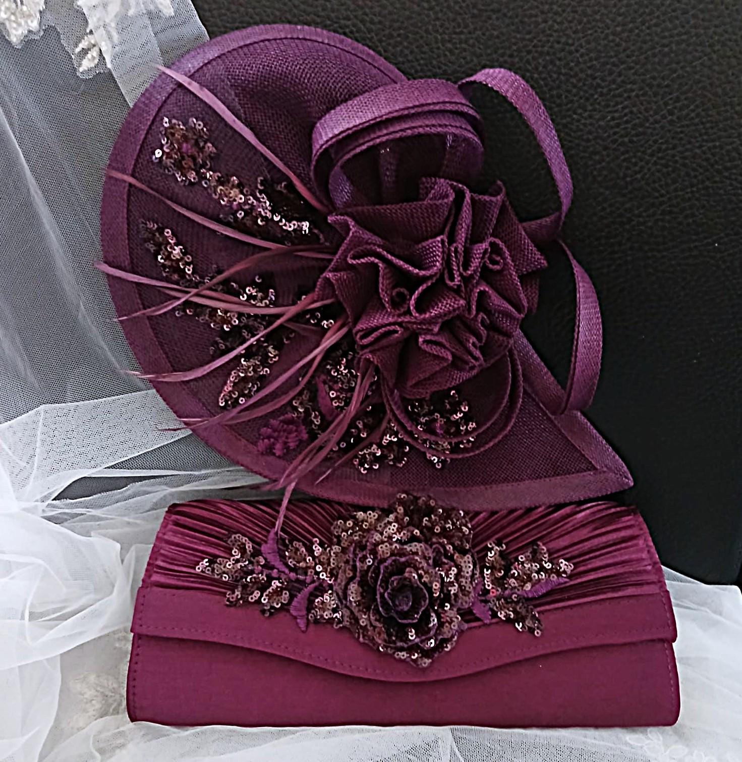 Purple Floral Hat & Satin Clutch Bag Set: Formal Occasion Accessories