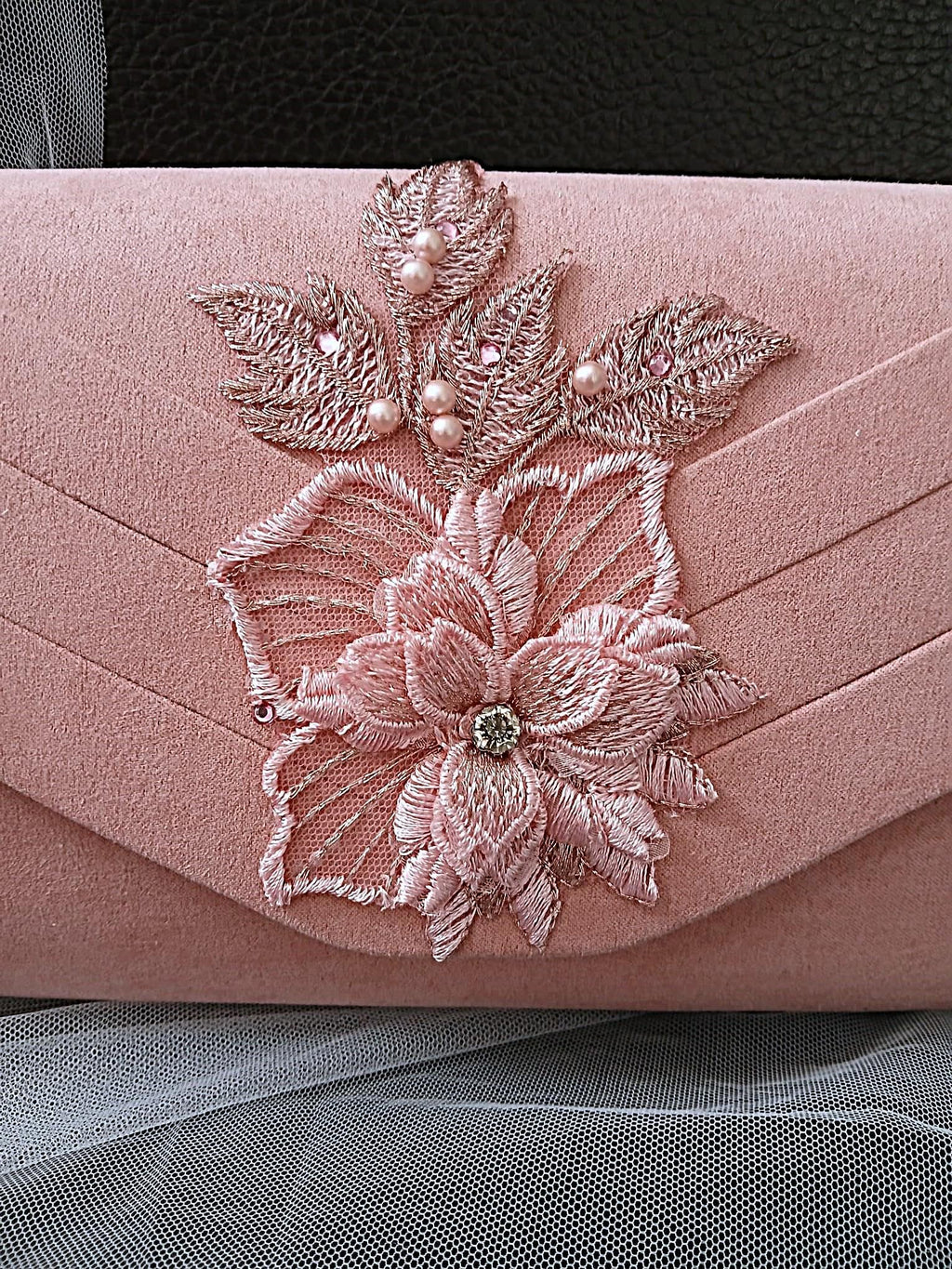Dusky Pink Floral Fascinator Hat & Suede Clutch Bag Set For Party Or Formal Event