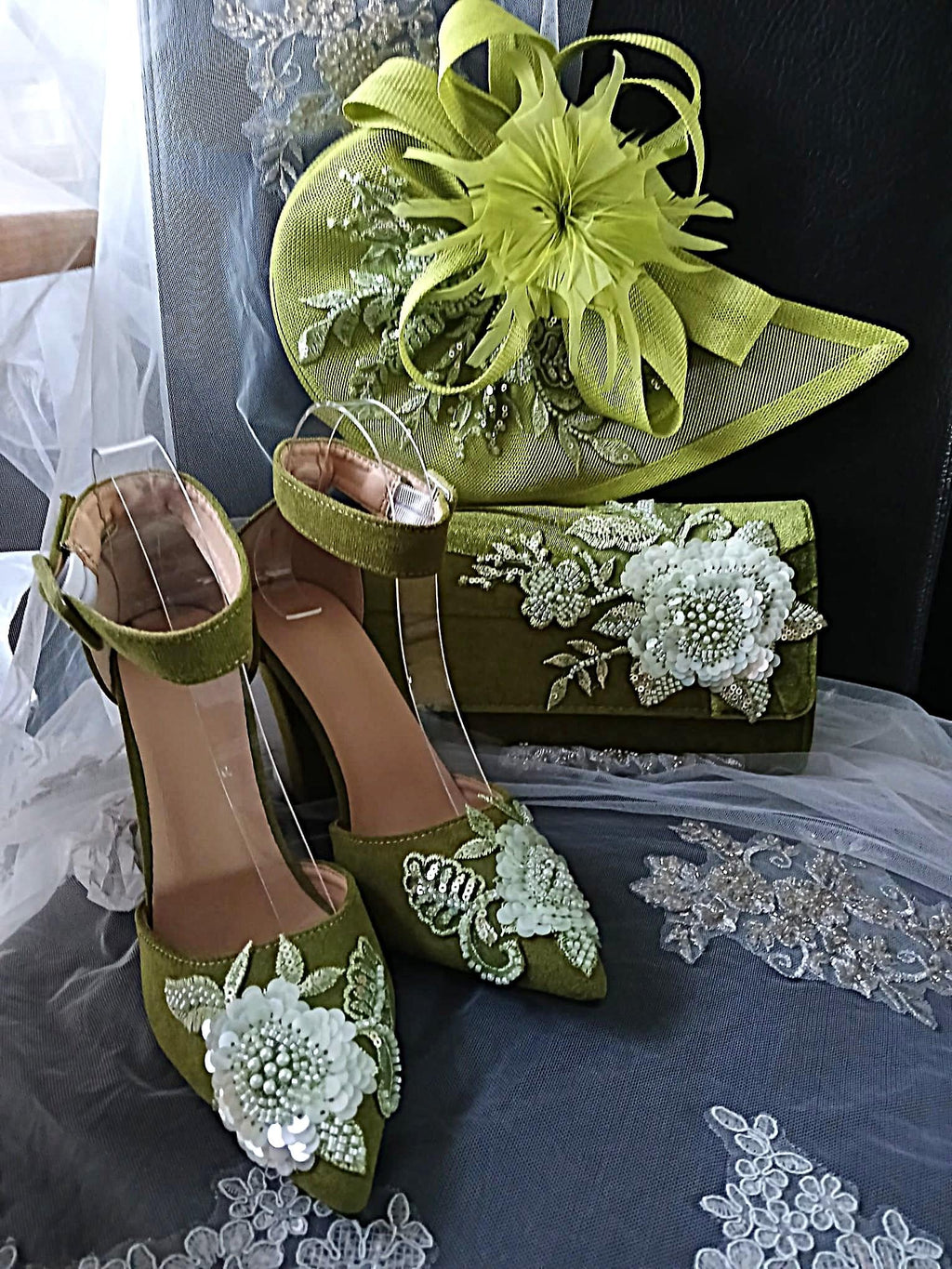 Olive Green Suede Floral Block Heel Sandal & Clutch Set: Formal Occasion Footwear