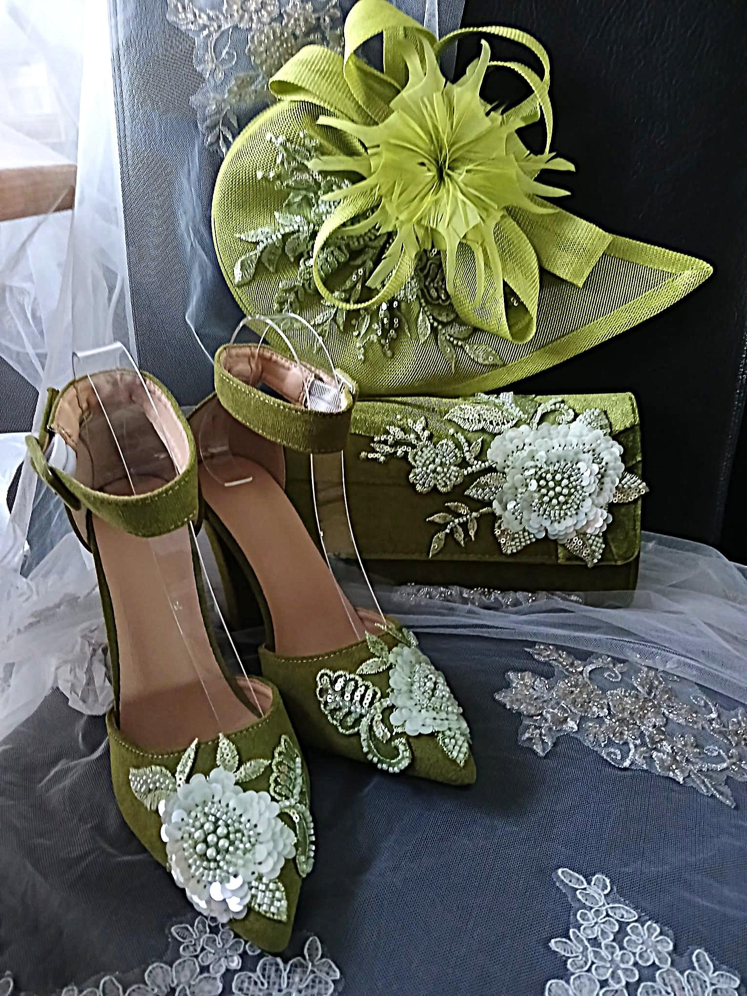 Olive Green Suede Floral Block Heel Sandal & Clutch Set: Formal Occasion Footwear
