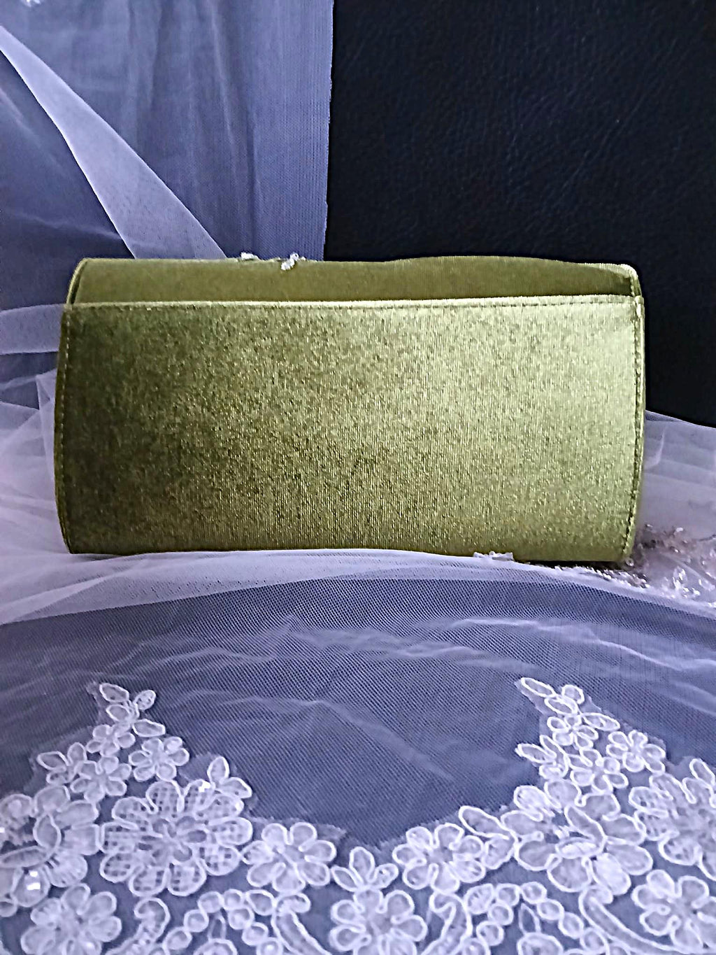 Olive Green Velvet Clutch Bag: Floral Wedding Handbag with Chain