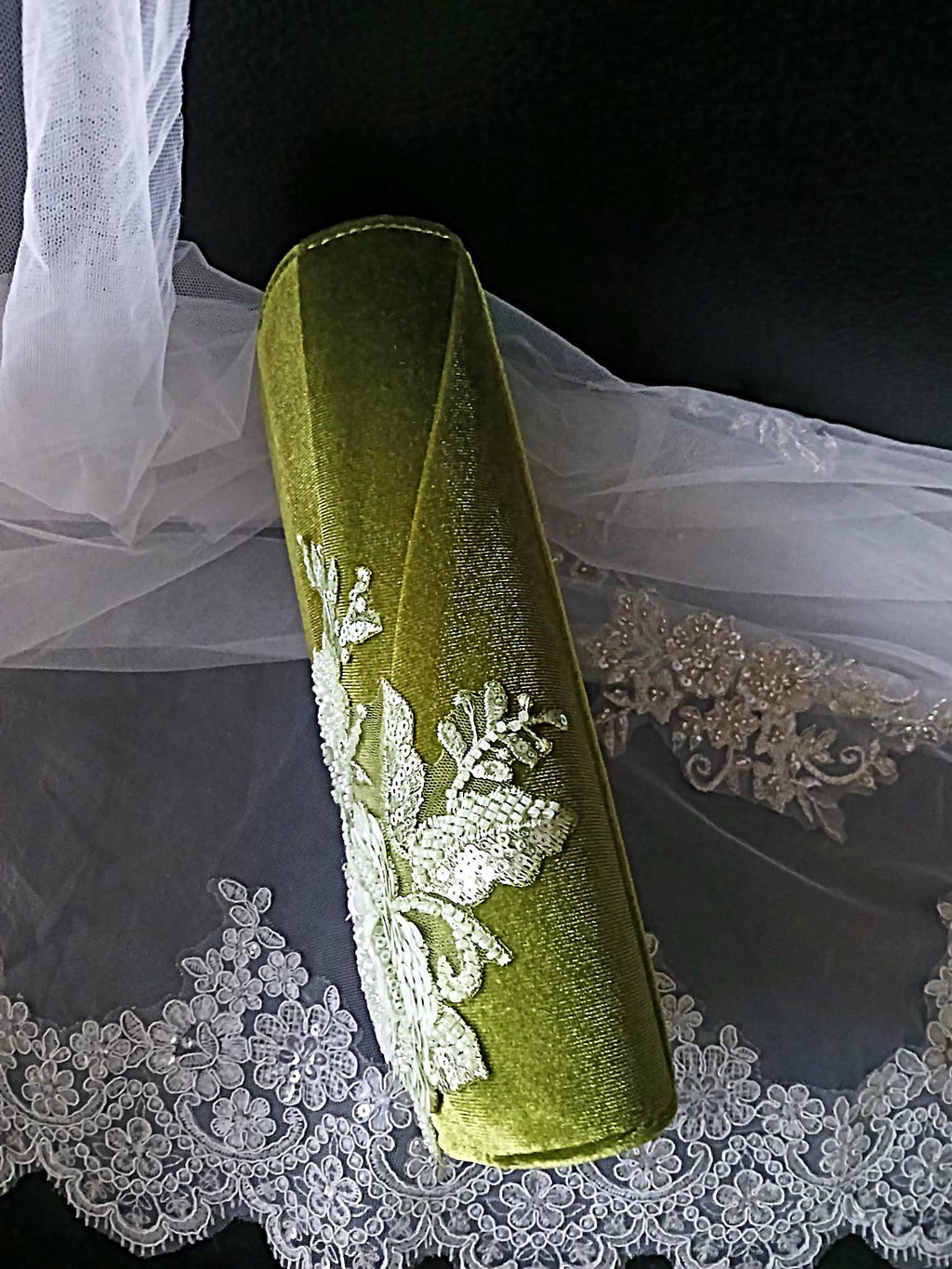 Olive Green Velvet Clutch Bag: Floral Wedding Handbag with Chain
