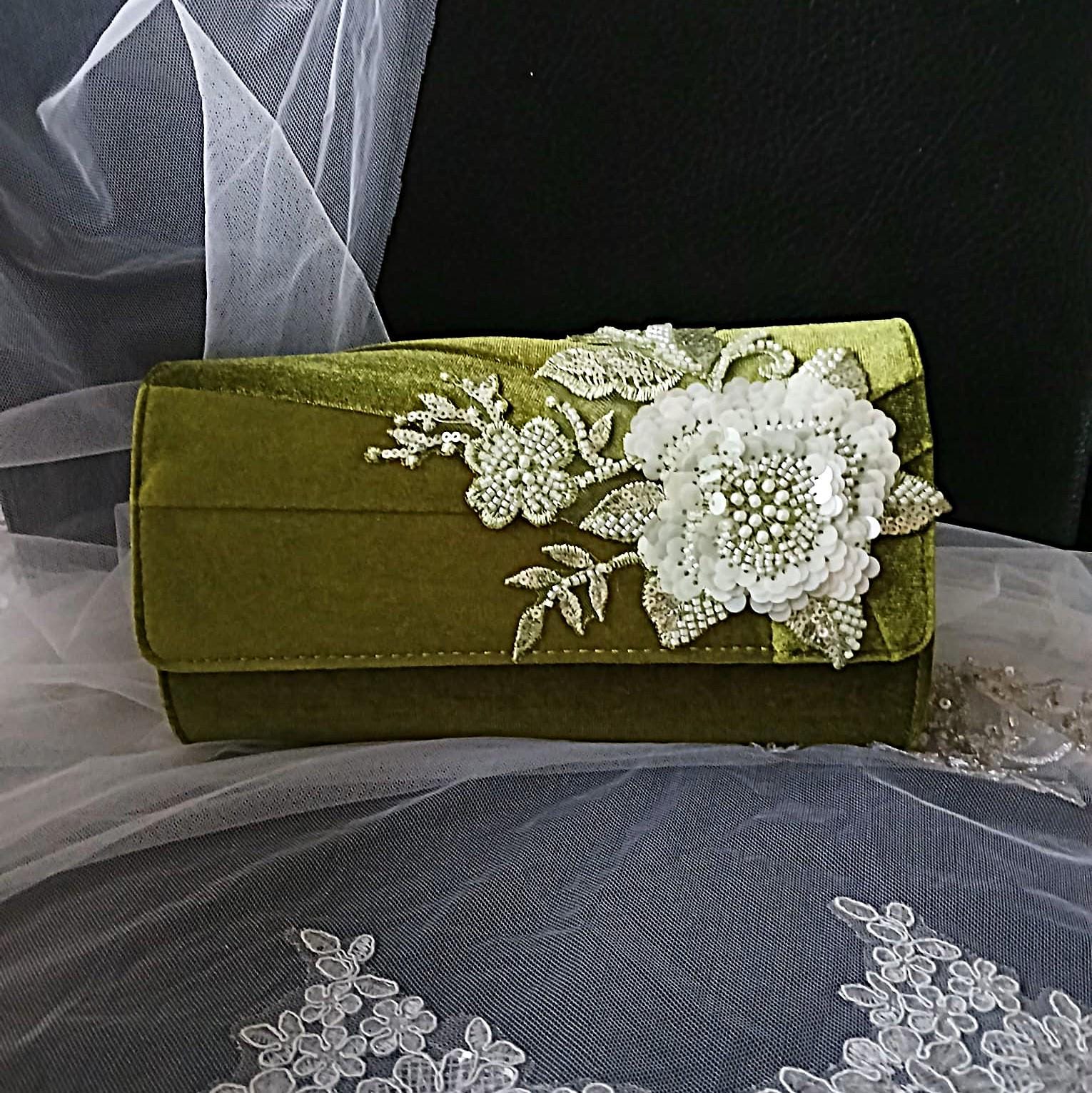 Olive Green Velvet Floral Evening Clutch Bag & Matching Hat Set, Elegant Vintage-Inspired Accessory