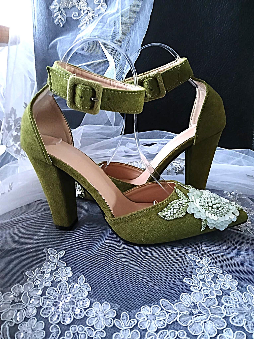Olive Green Suede Floral Block Heel Sandal & Clutch Set: Formal Occasion Footwear