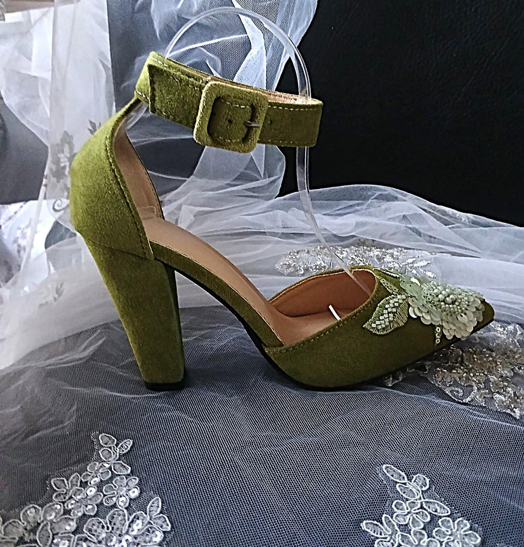 Olive Green Suede Floral Block Heel Sandal & Clutch Set: Formal Occasion Footwear