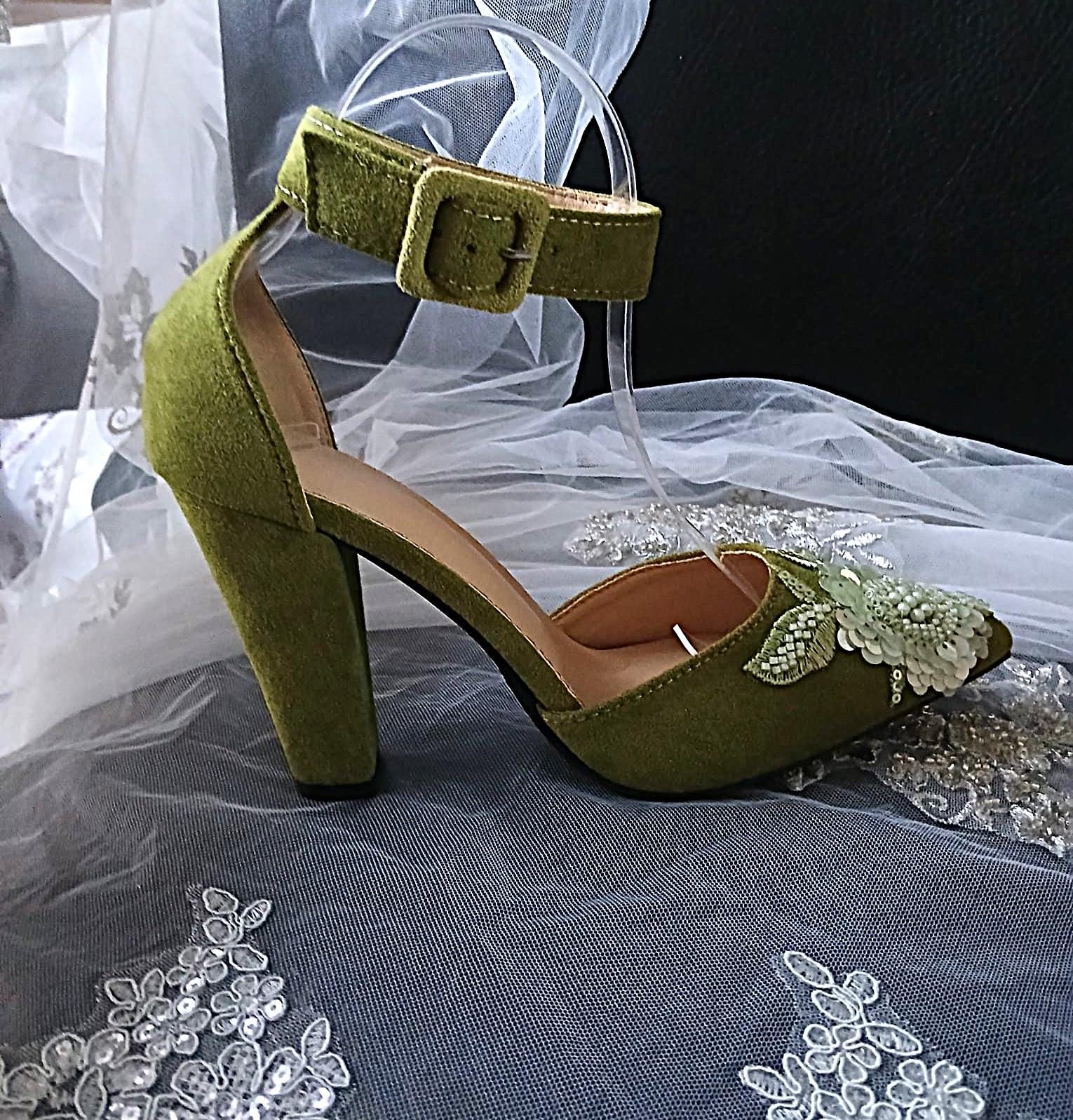 Olive Green Suede Floral Block Heel Sandal & Clutch Set: Formal Occasion Footwear