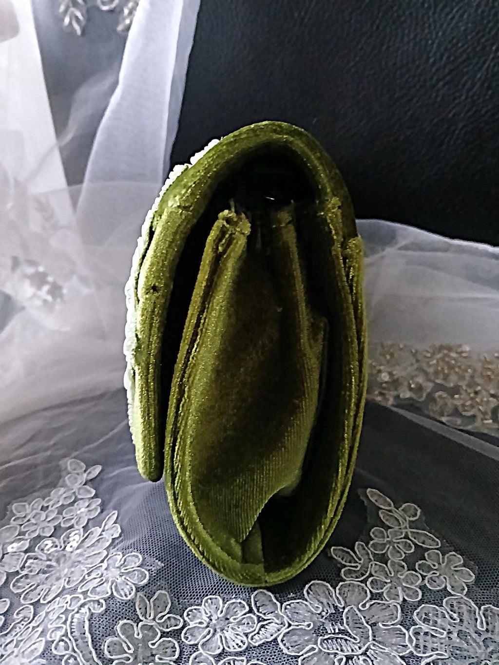 Olive Green Velvet Clutch Bag: Floral Wedding Handbag with Chain