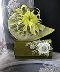 Olive Green fascinator with floral details on a matching green clutch bag.