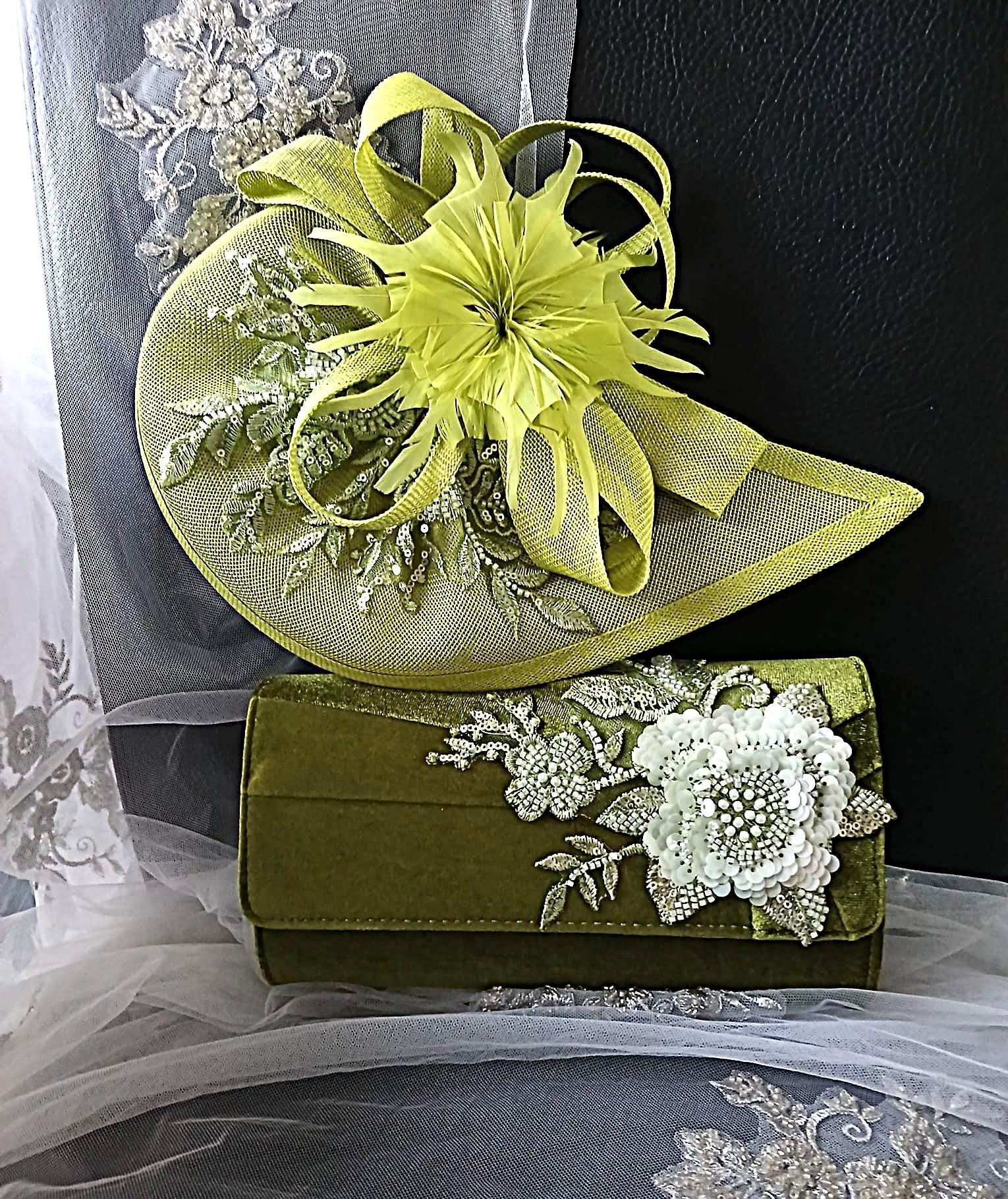 Olive Green fascinator with floral details on a matching green clutch bag.
