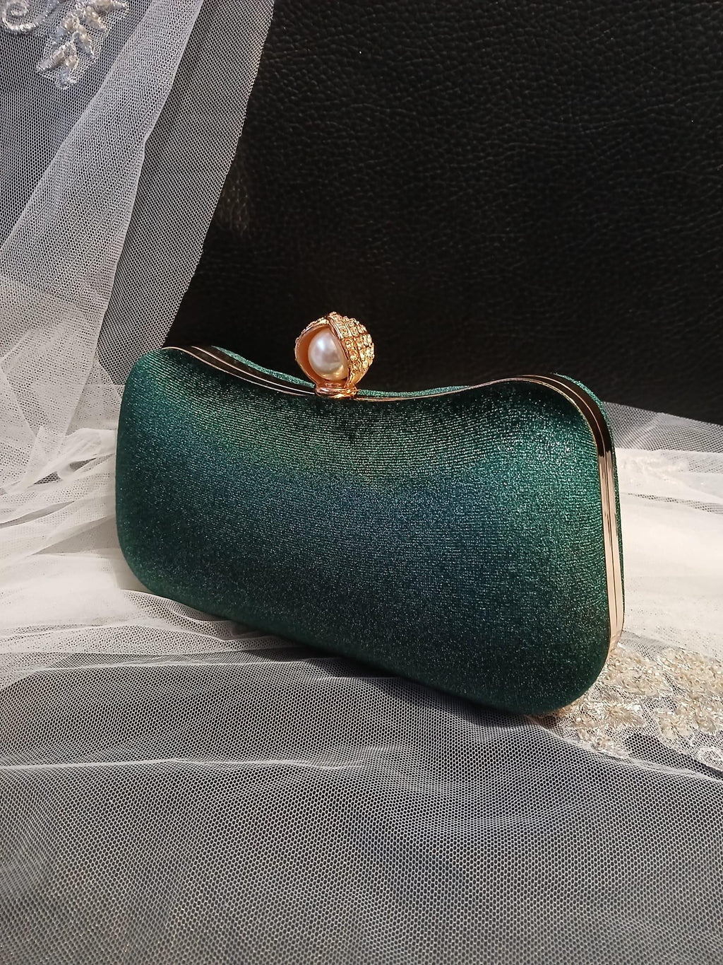 Emerald Green Velvet Clutch Bag With Gold Flower: Gold Hardware Evening Bag