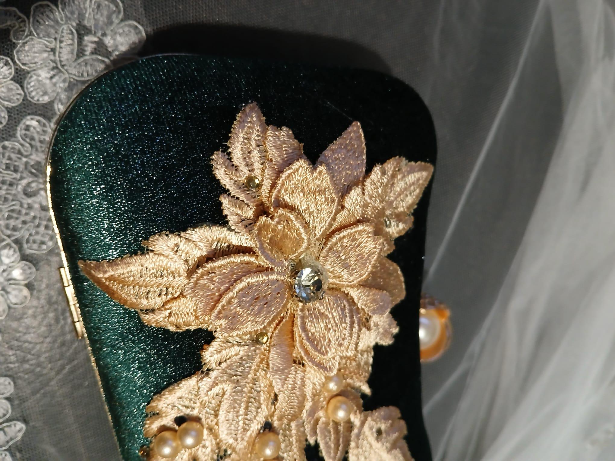 Emerald Green Velvet Clutch Bag With Gold Flower: Gold Hardware Evening Bag