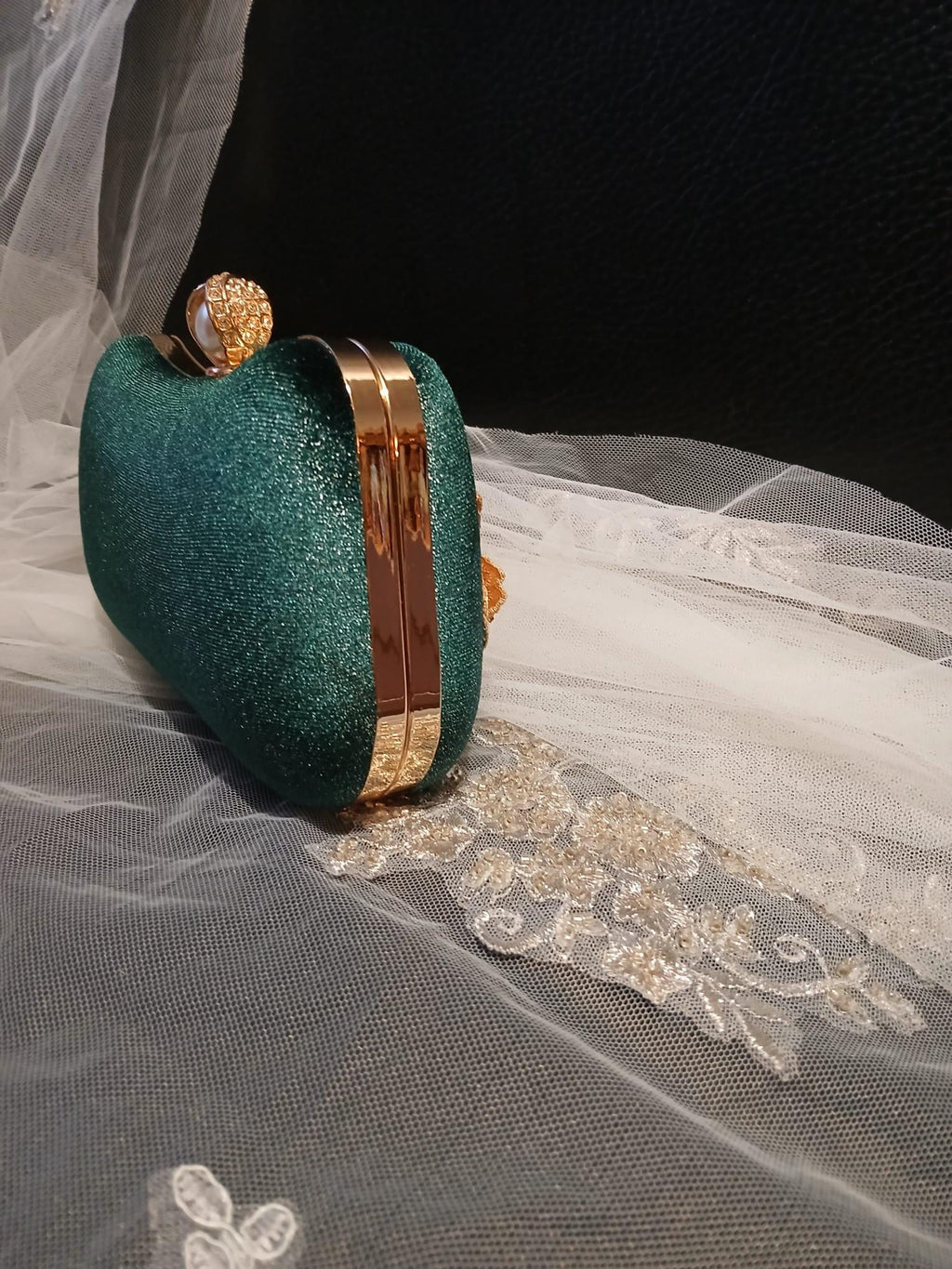 Emerald Green Velvet Clutch Bag With Gold Flower: Gold Hardware Evening Bag