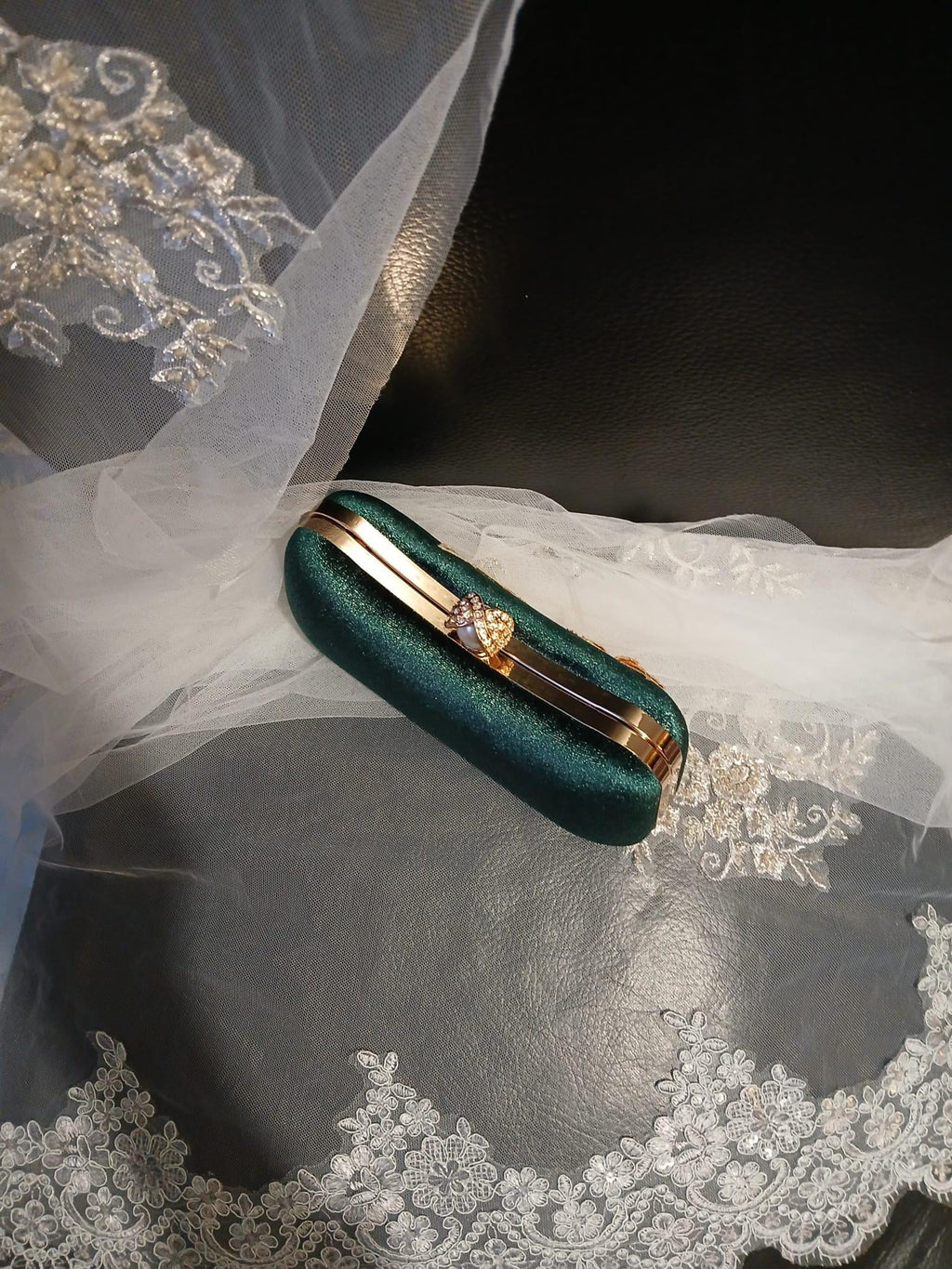 Emerald Green Velvet Clutch Bag With Gold Flower: Gold Hardware Evening Bag