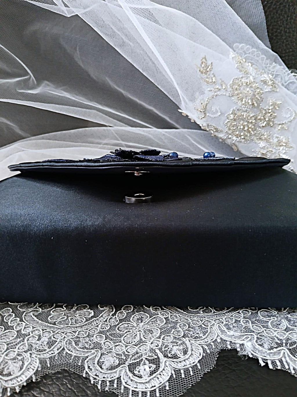Navy Blue Floral Evening Clutch Bag & Hat Set For Formal Occasion