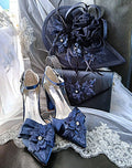 Navy Blue Floral Block Heel Shoe Set: Elegant Hat & Clutch for Formal Events