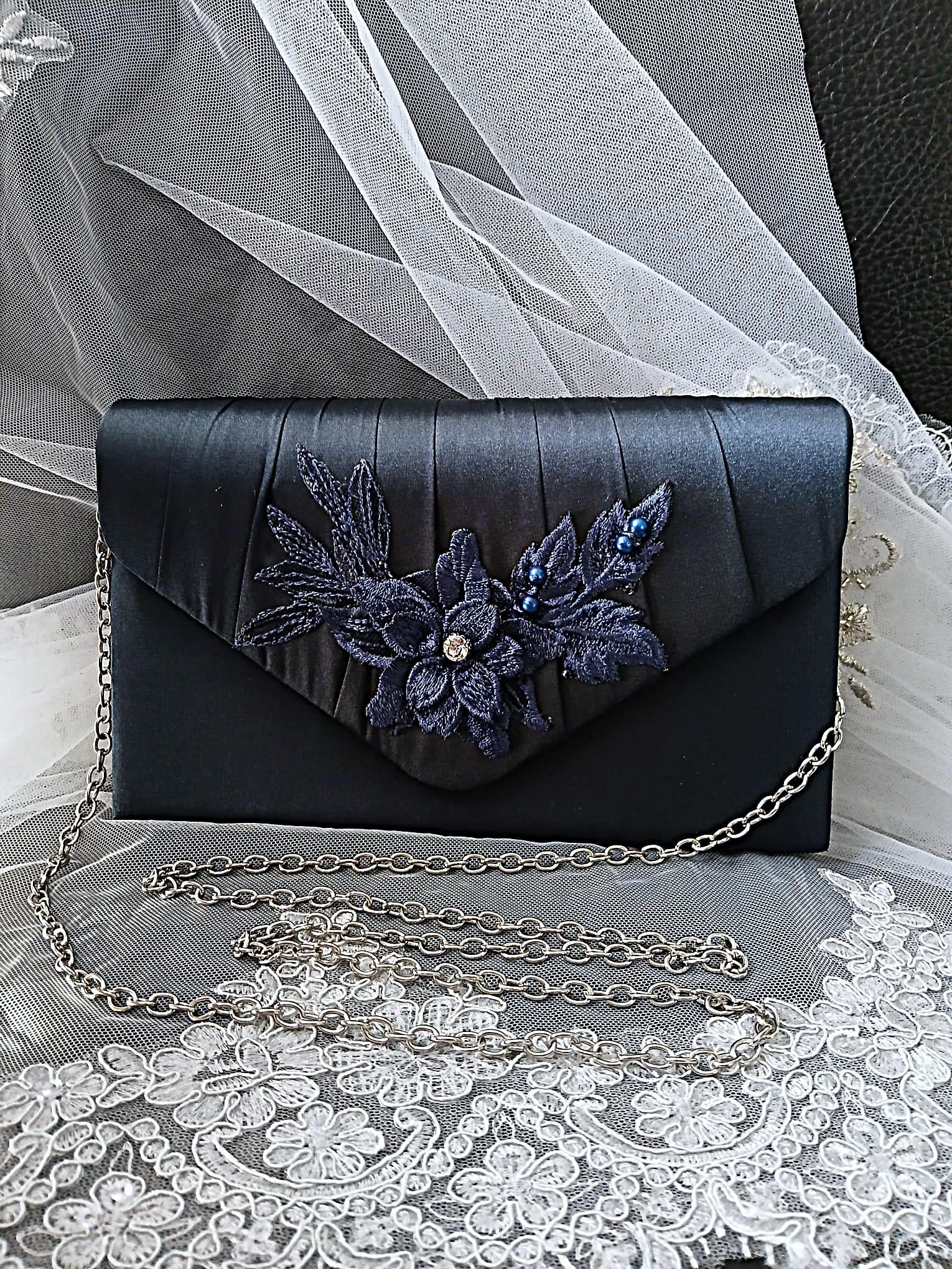 Navy Blue Floral Evening Clutch Bag & Hat Set For Formal Occasion