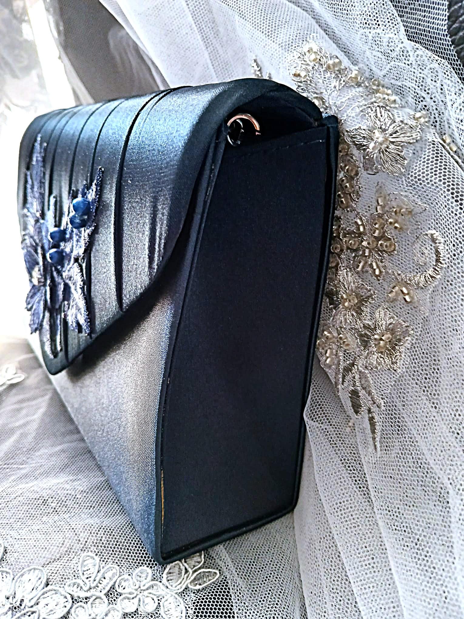 Navy Blue Floral Evening Clutch Bag & Hat Set For Formal Occasion