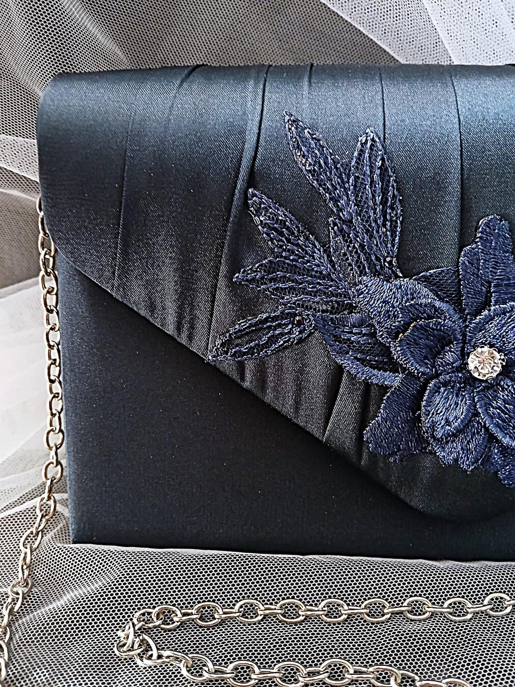 Navy Blue Satin Evening Clutch Bag: Floral Wedding Handbag With Chain