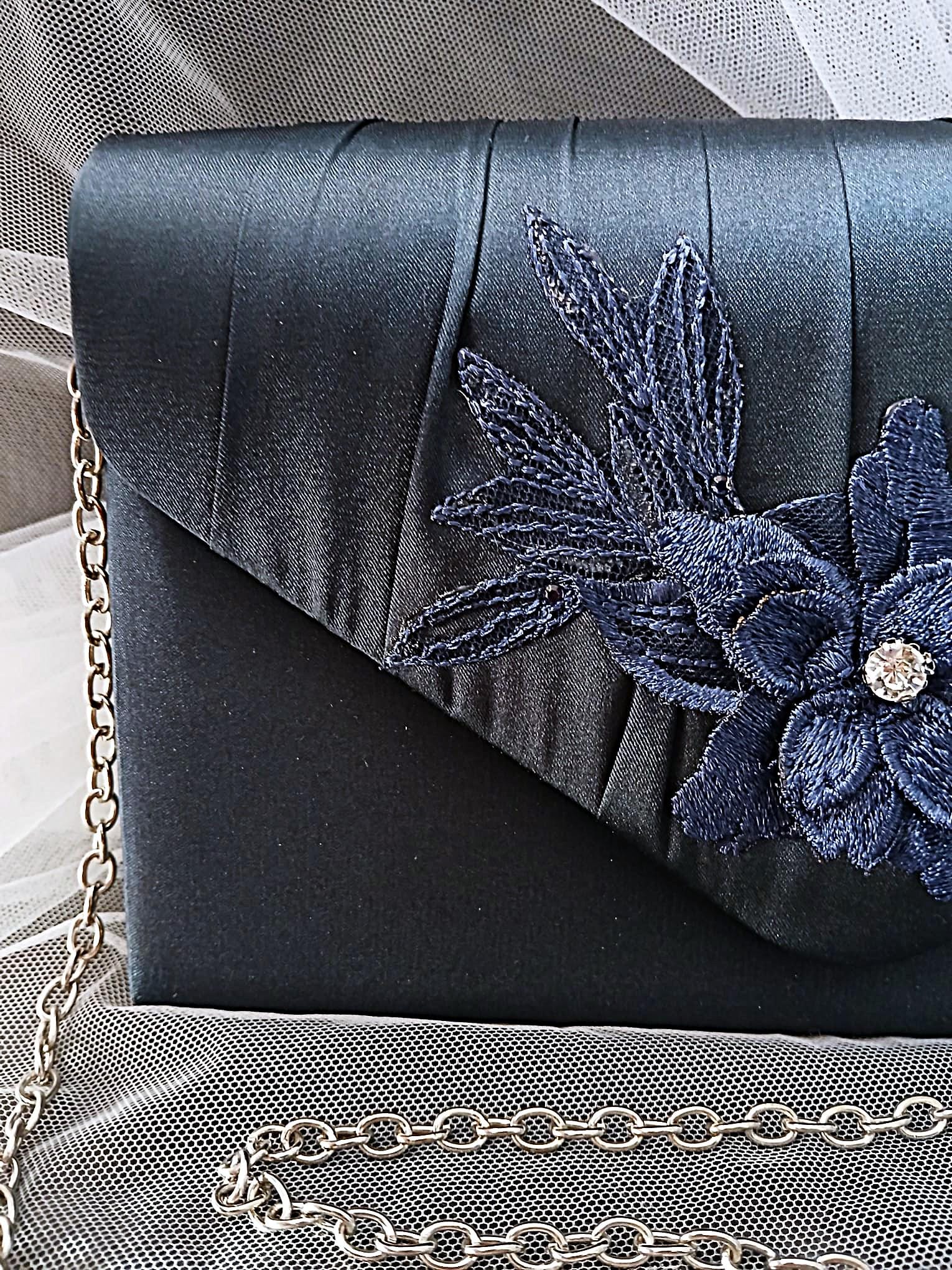 Navy Blue Satin Evening Clutch Bag: Floral Wedding Handbag With Chain
