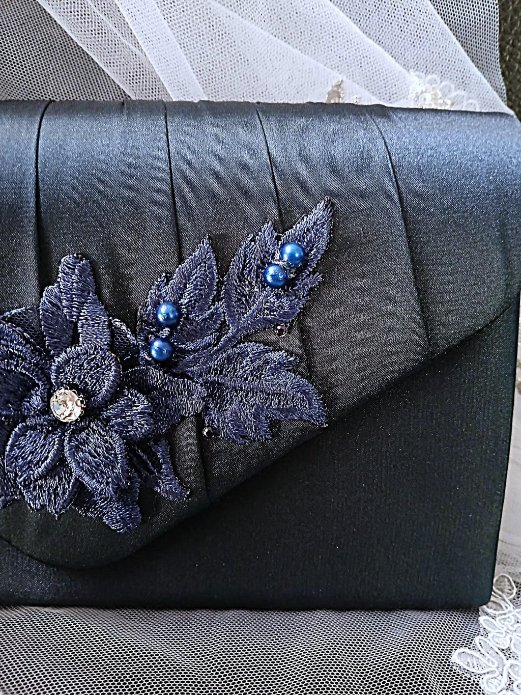 Navy Blue Satin Evening Clutch Bag: Floral Wedding Handbag With Chain