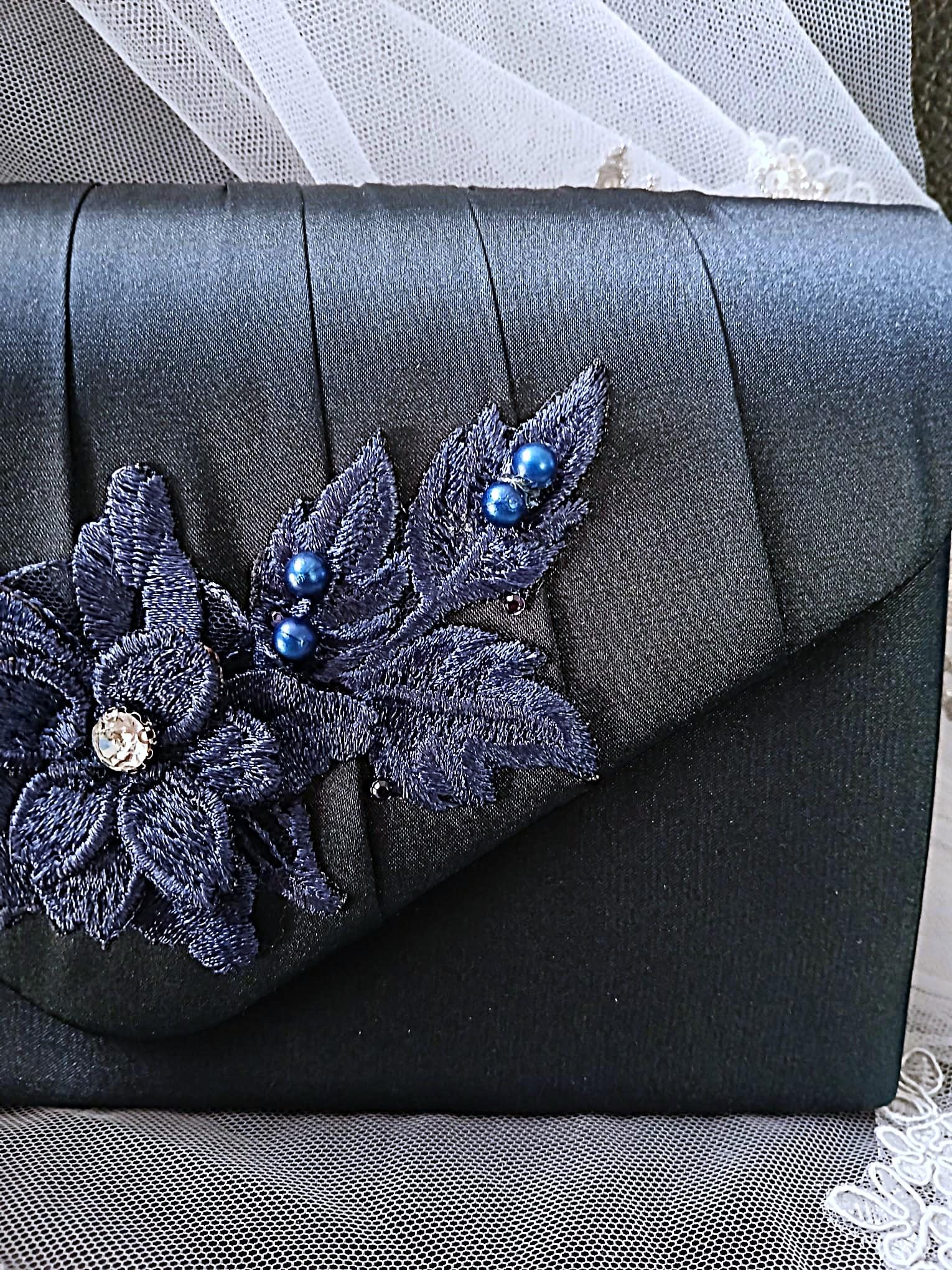 Navy Blue Satin Evening Clutch Bag: Floral Wedding Handbag With Chain