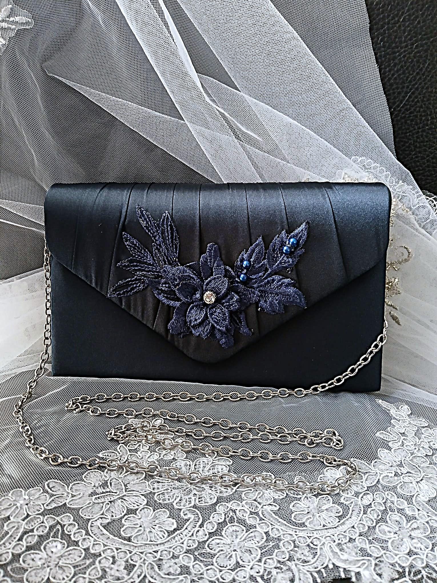 Navy Blue Satin Evening Clutch Bag: Floral Wedding Handbag With Chain