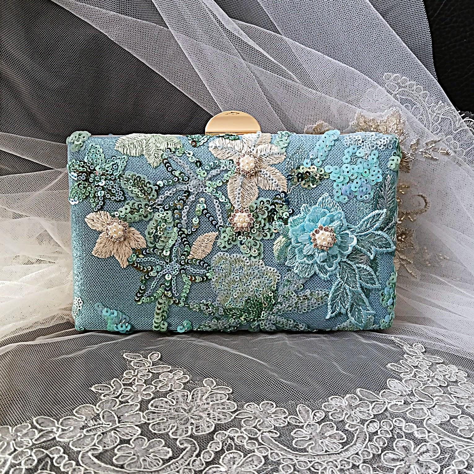 Turquoise Floral Evening Clutch Bag: Wedding, Bridesmaid Purse
