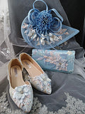 Light Blue Floral Flat Shoes Hat and Clutch Bag Set: Formal Event Footwear