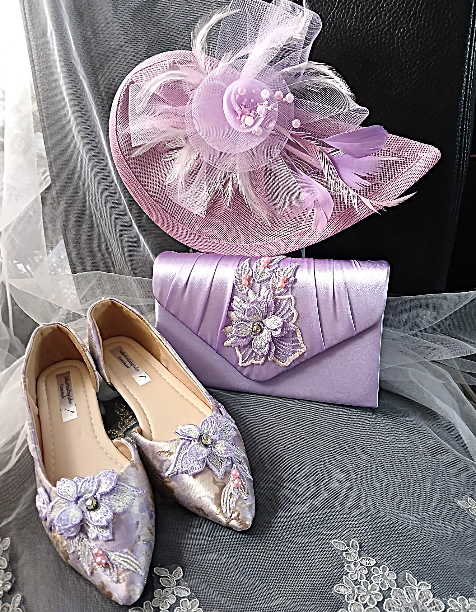 Light Purple Floral Flat Shoes Hat and Clutch Bag Set: Formal Event Footwear