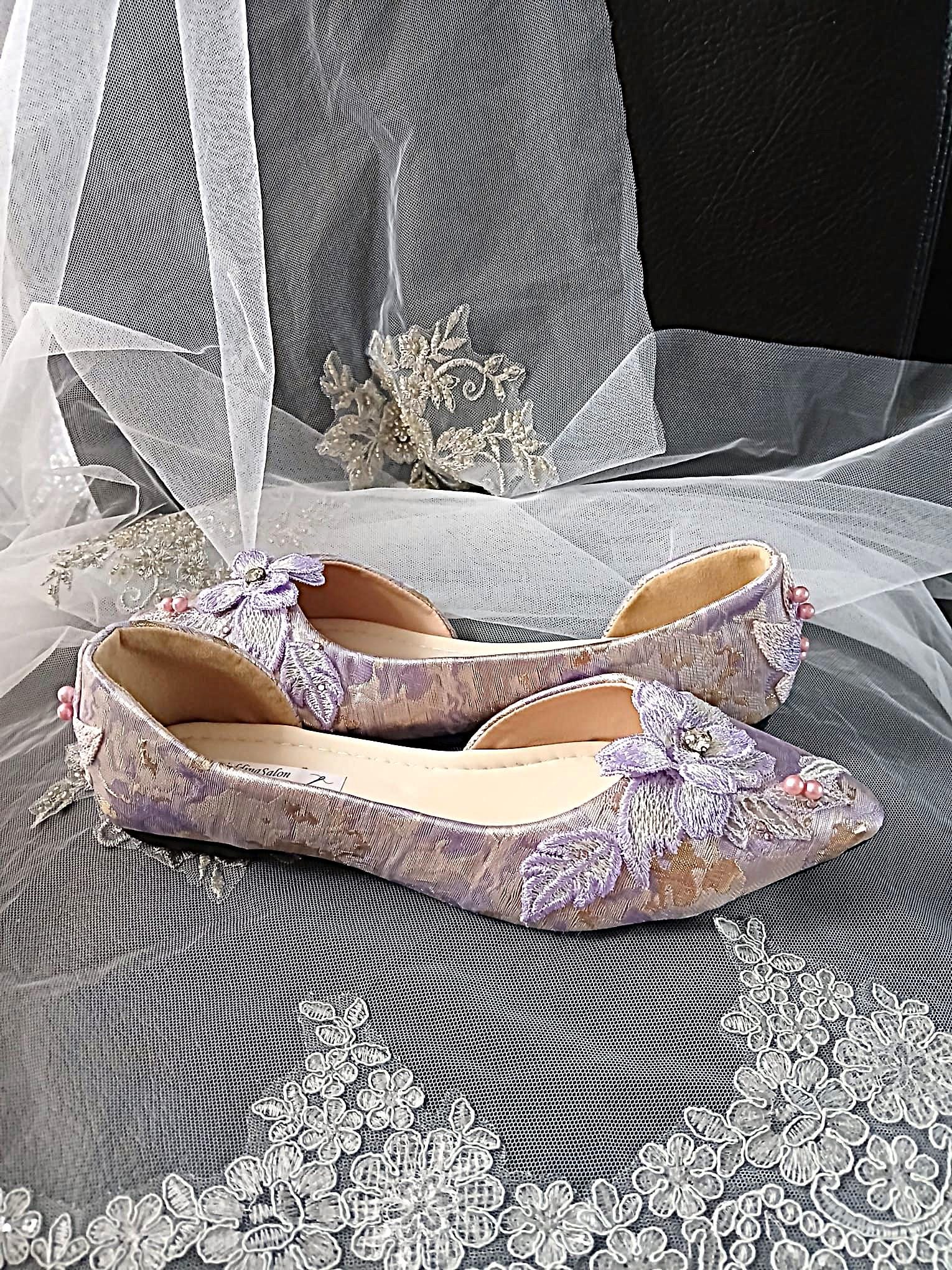 Light Purple Floral Flat Shoes Hat and Clutch Bag Set: Formal Event Footwear