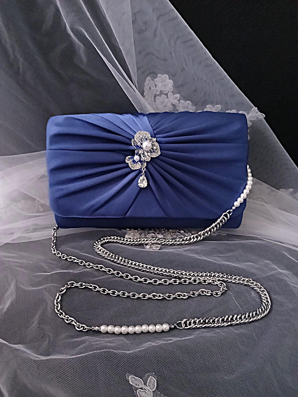 Indigo Blue Satin Clutch Bag: Floral Wedding Handbag with Chain