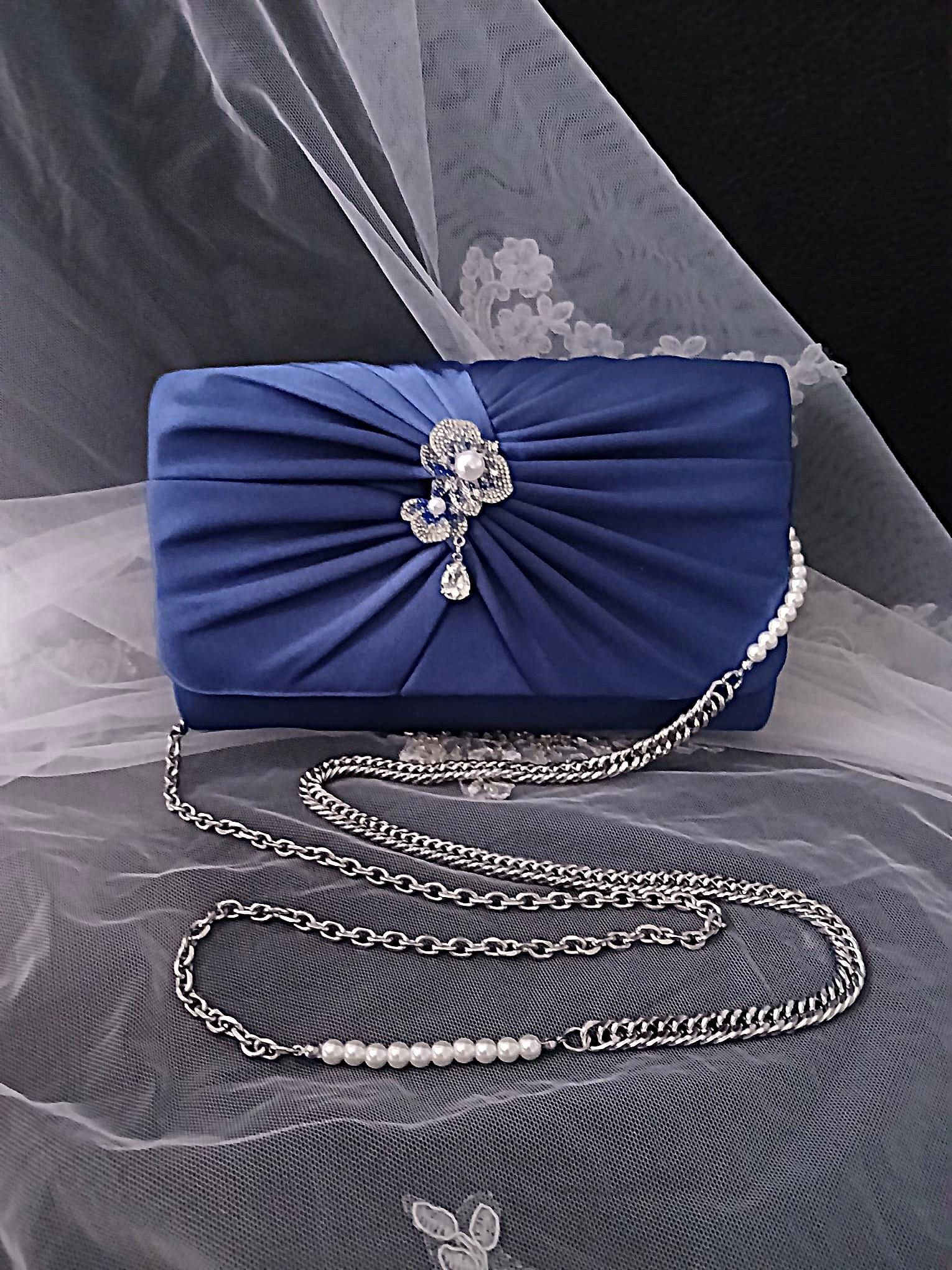 Indigo Blue Satin Clutch Bag: Floral Wedding Handbag with Chain
