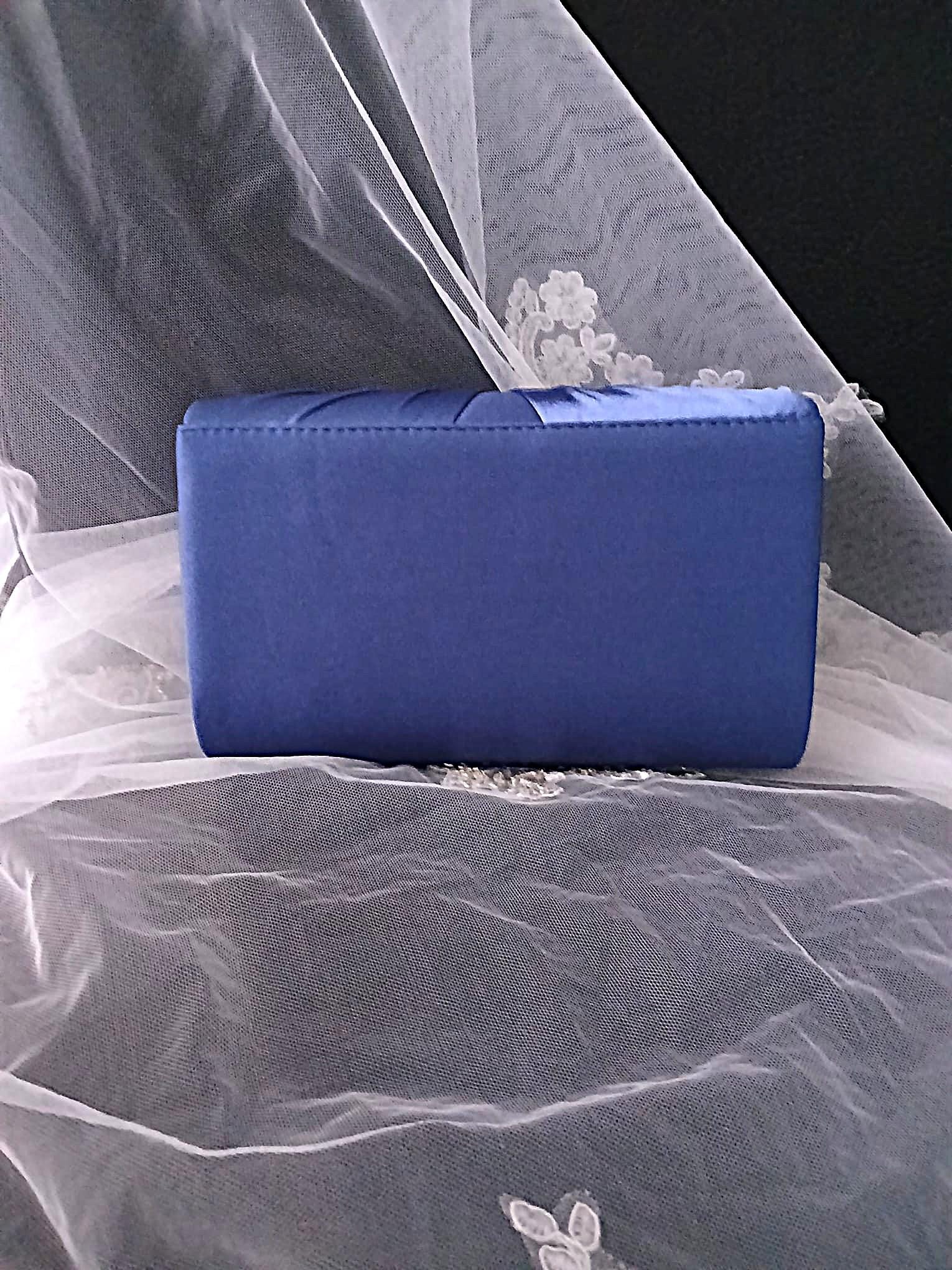 Indigo Blue Satin Clutch Bag: Floral Wedding Handbag with Chain
