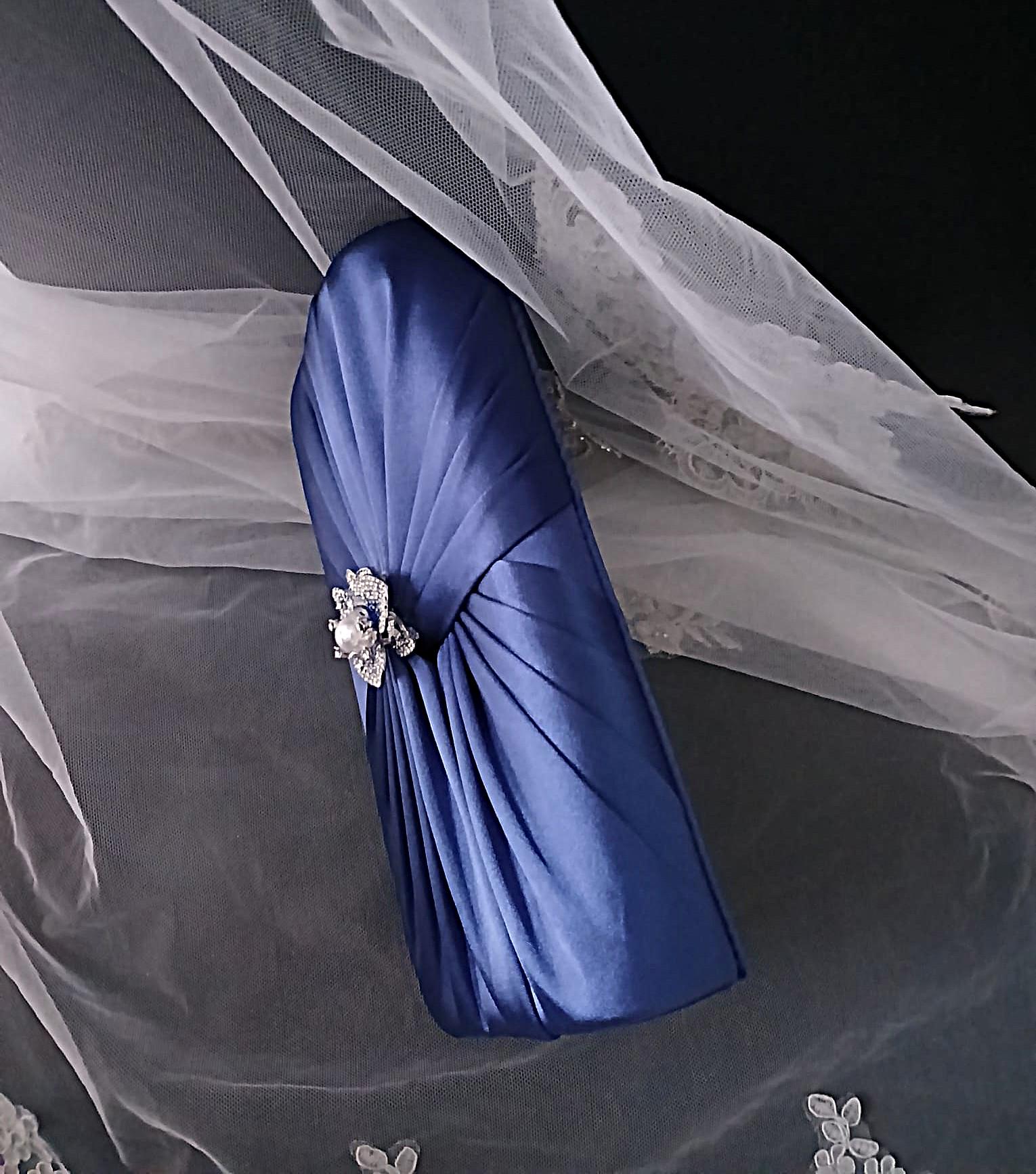 Indigo Blue Satin Clutch Bag: Floral Wedding Handbag with Chain