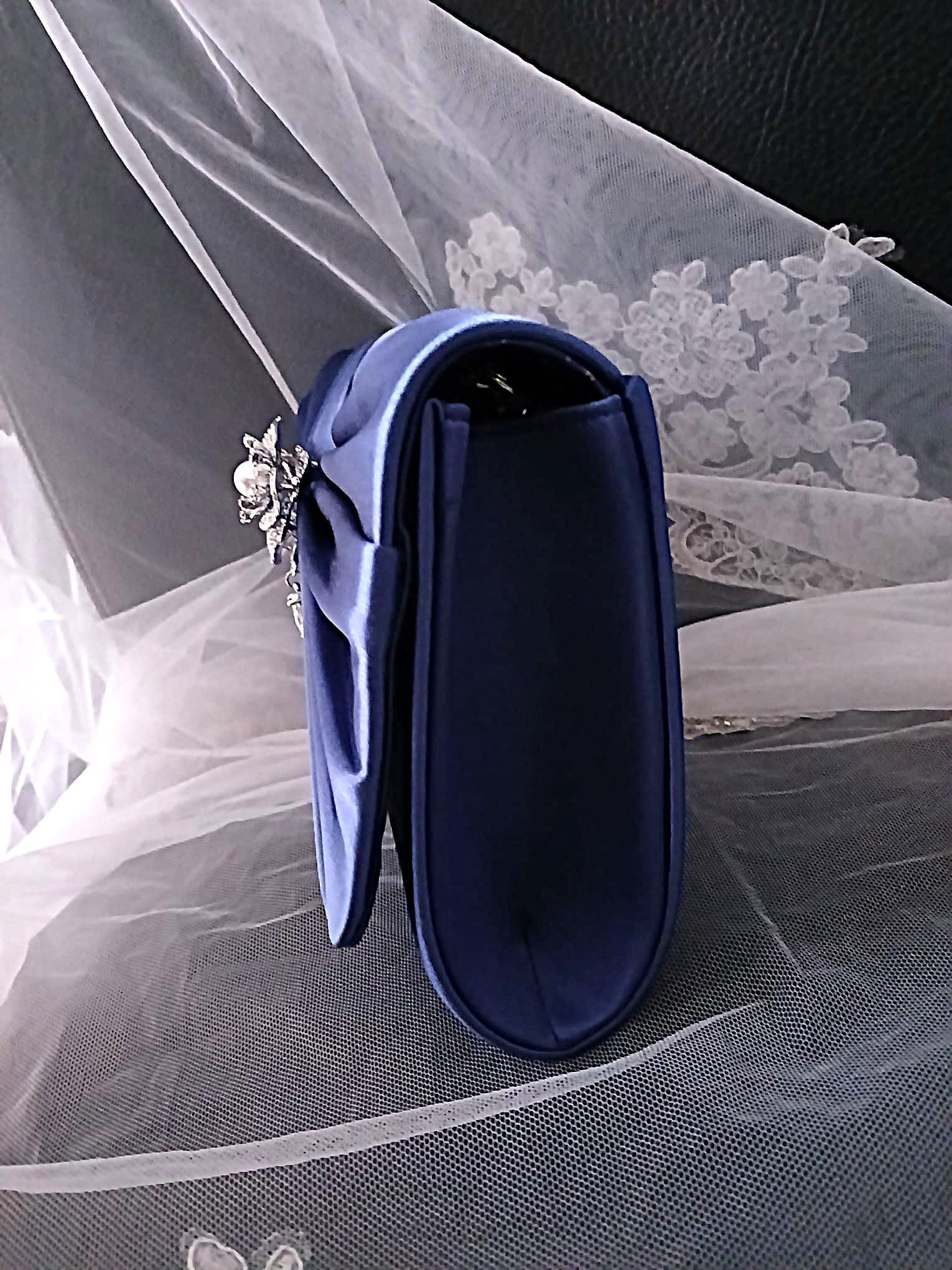 Indigo Blue Satin Clutch Bag: Floral Wedding Handbag with Chain