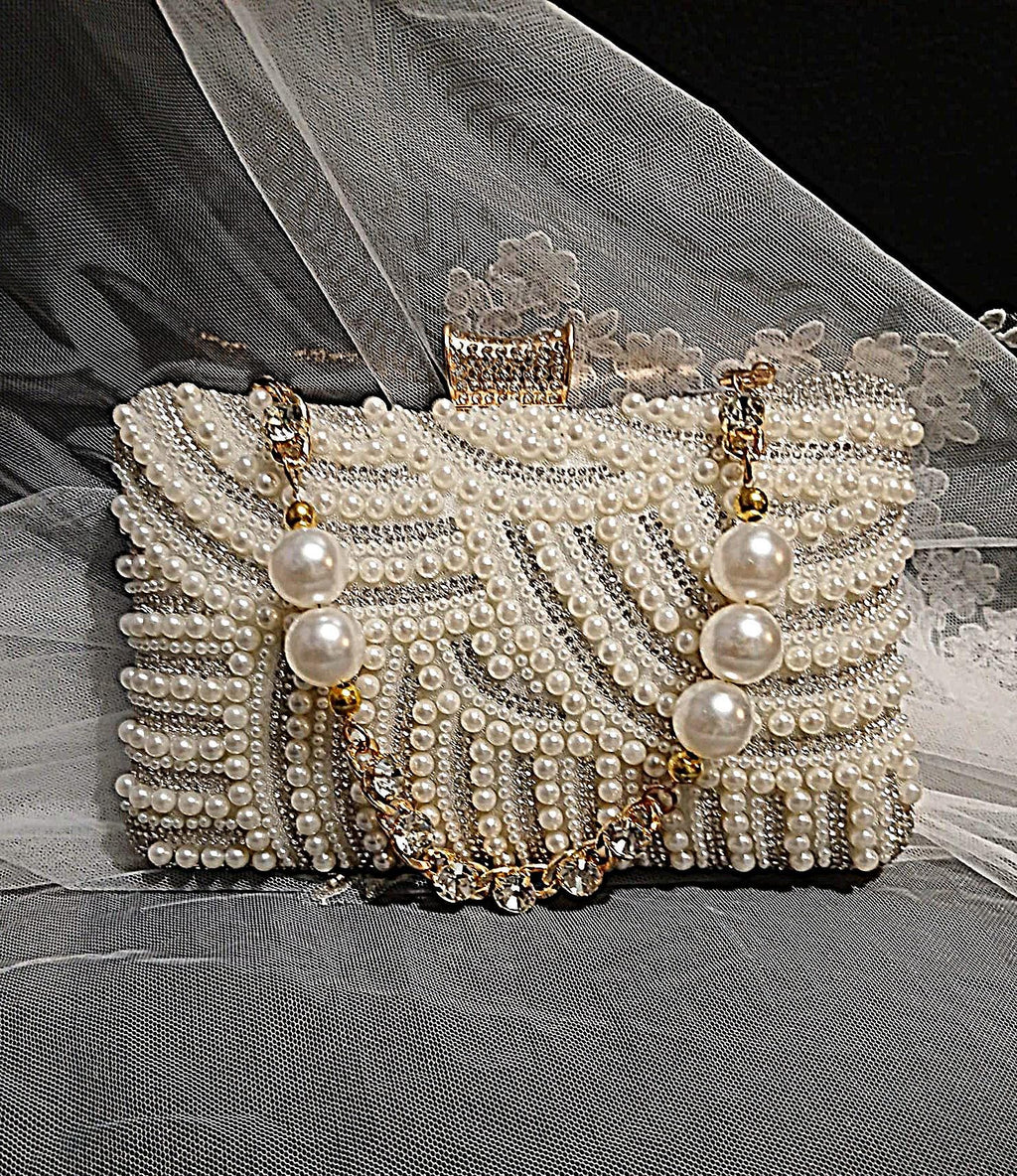 Ivory Pearl Bridal Clutch With Gold Hair Band: Wedding Purse with Crystal Strap