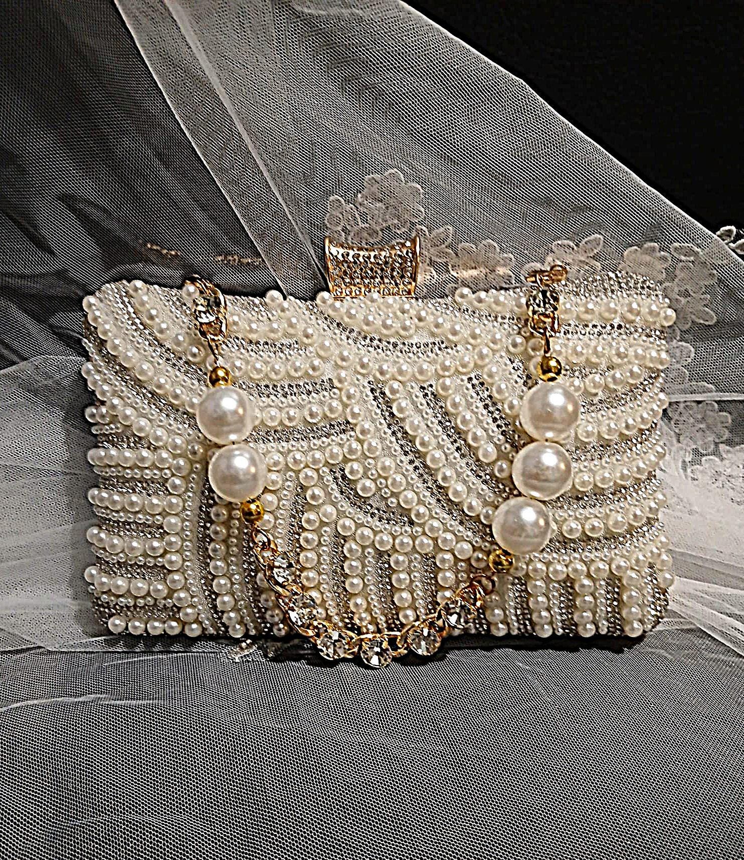 Ivory Pearl Bridal Clutch With Gold Hair Band: Wedding Purse with Crystal Strap