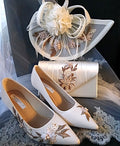 Ivory and Brown Floral Shoe Set: Mid Heel Shoes, Hat & Clutch