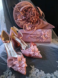 Dusky Pink Floral Block Heel Shoe Set: Hat and Clutch, Formal Event Footwear