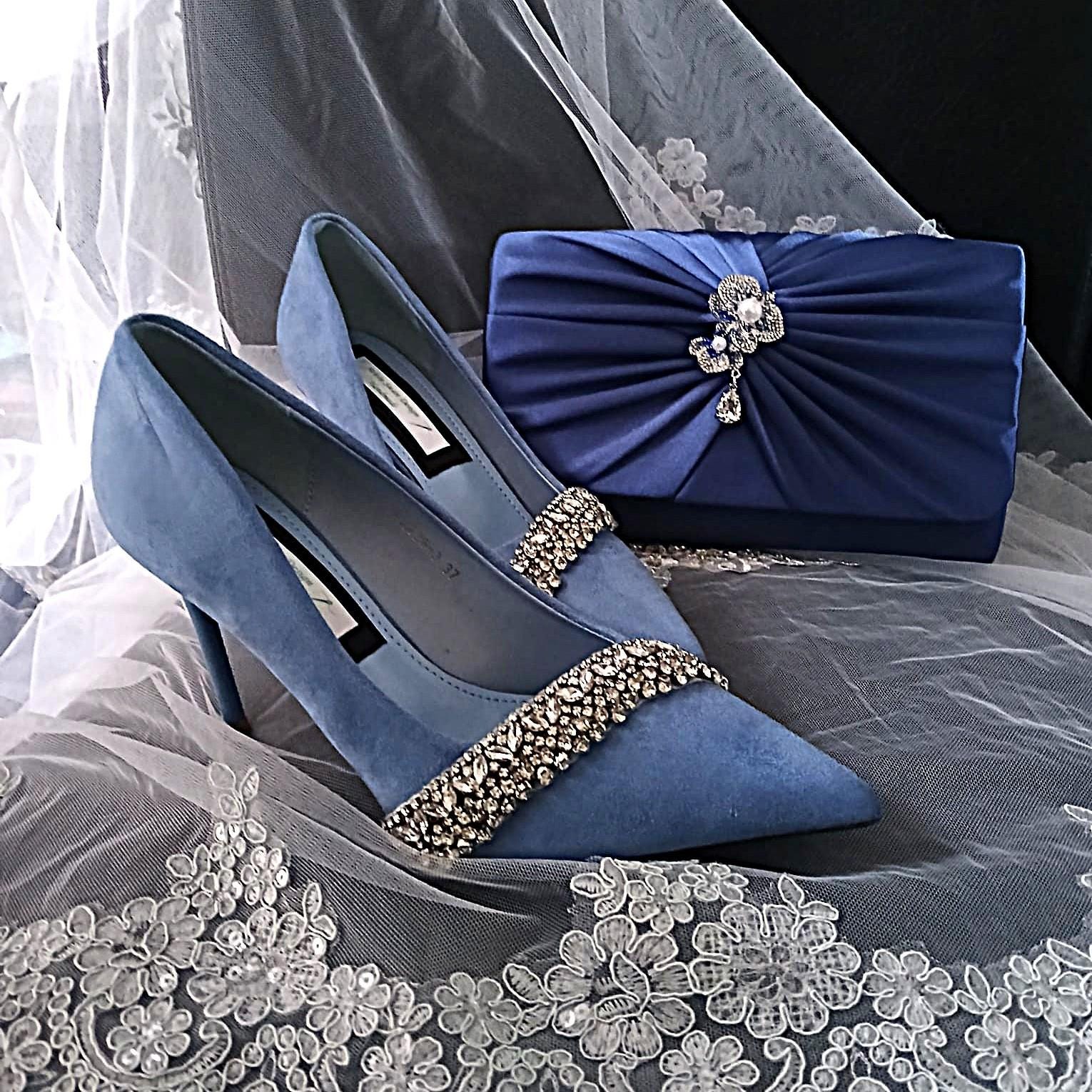 Indigo Blue Suede Evening Shoe & Clutch Set: Embellished Bridesmaid Heels