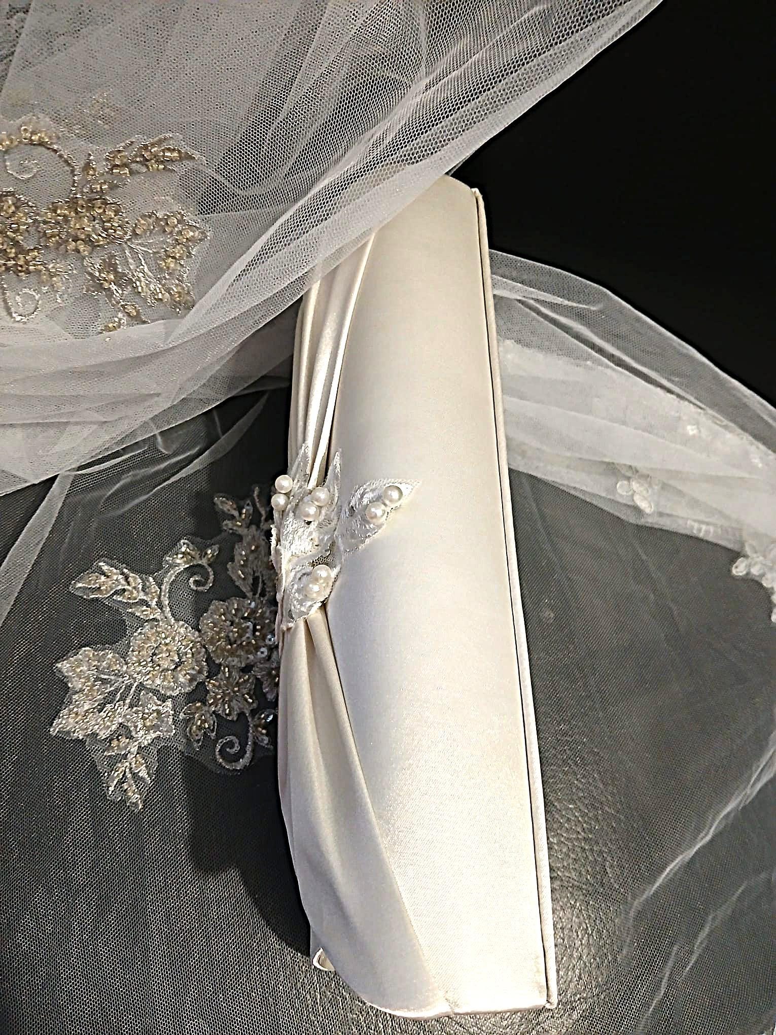 Ivory Satin Evening Clutch Bag With Pink Flower: Floral Wedding Handbag with Chain