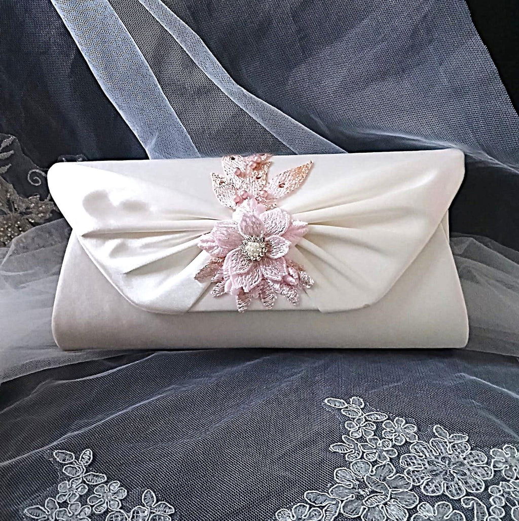 Ivory Floral Bridal Handbag & Hat Set With Pink Flower: Elegant Wedding Accessories