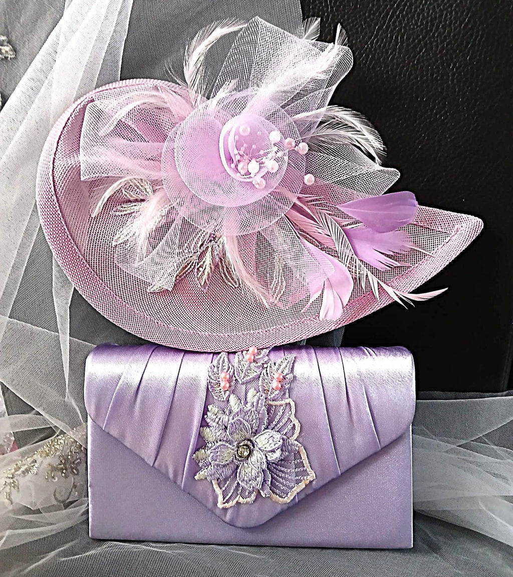 Light Purple Floral Hat & Satin Clutch Bag Set: Formal Event Accessories