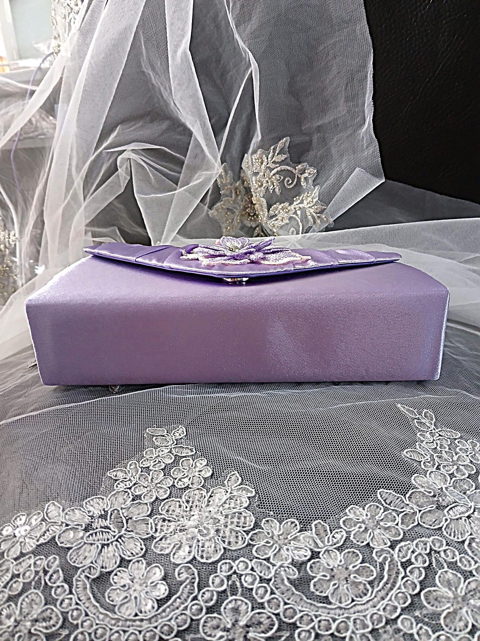 Light Purple Satin Evening Clutch: Floral Wedding Handbag With Chain