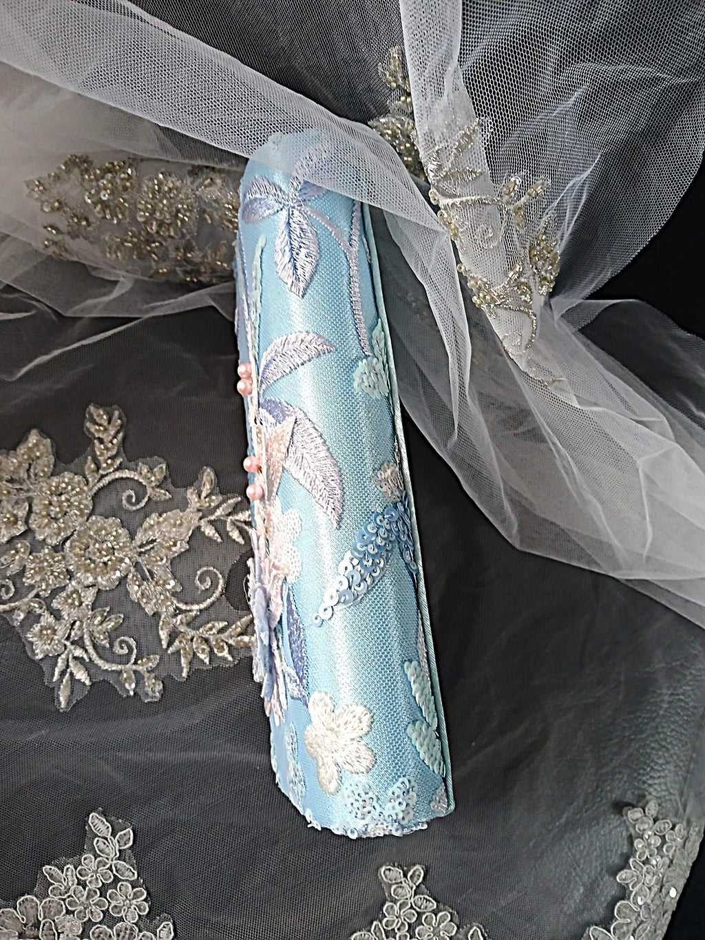 Light Blue Satin Clutch Bag: Floral Wedding Handbag with Chain