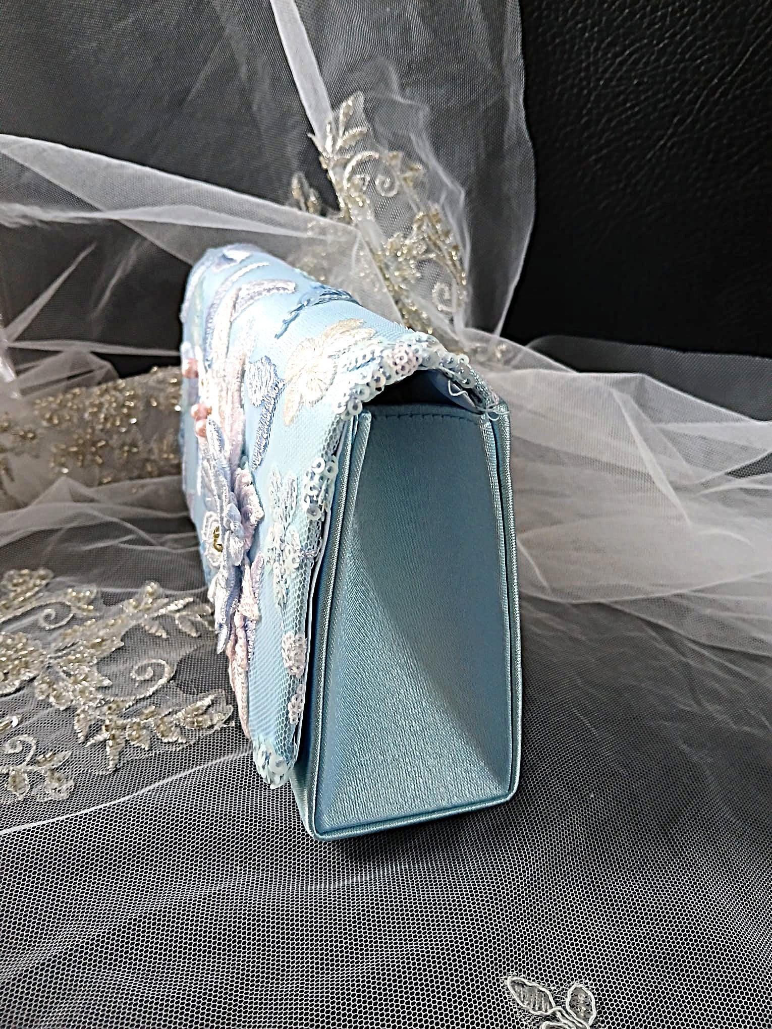 Light Blue Satin Clutch Bag: Floral Wedding Handbag with Chain
