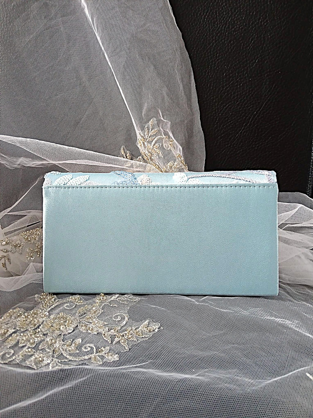 Light Blue Satin Clutch Bag: Floral Wedding Handbag with Chain