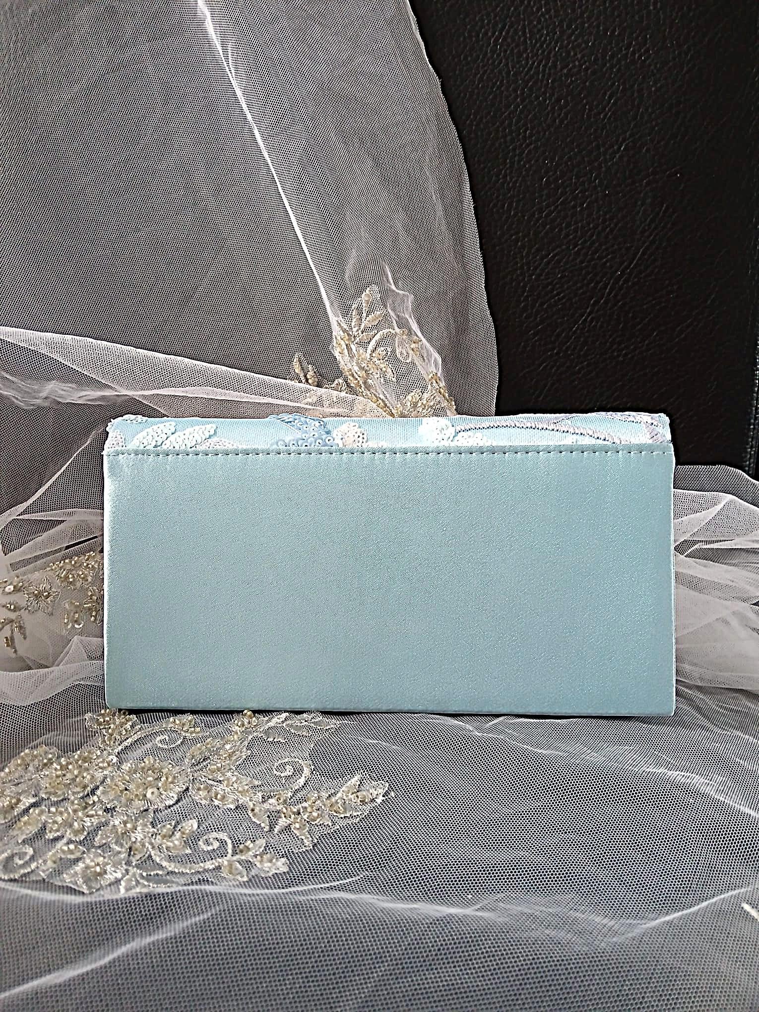 Light Blue Satin Clutch Bag: Floral Wedding Handbag with Chain