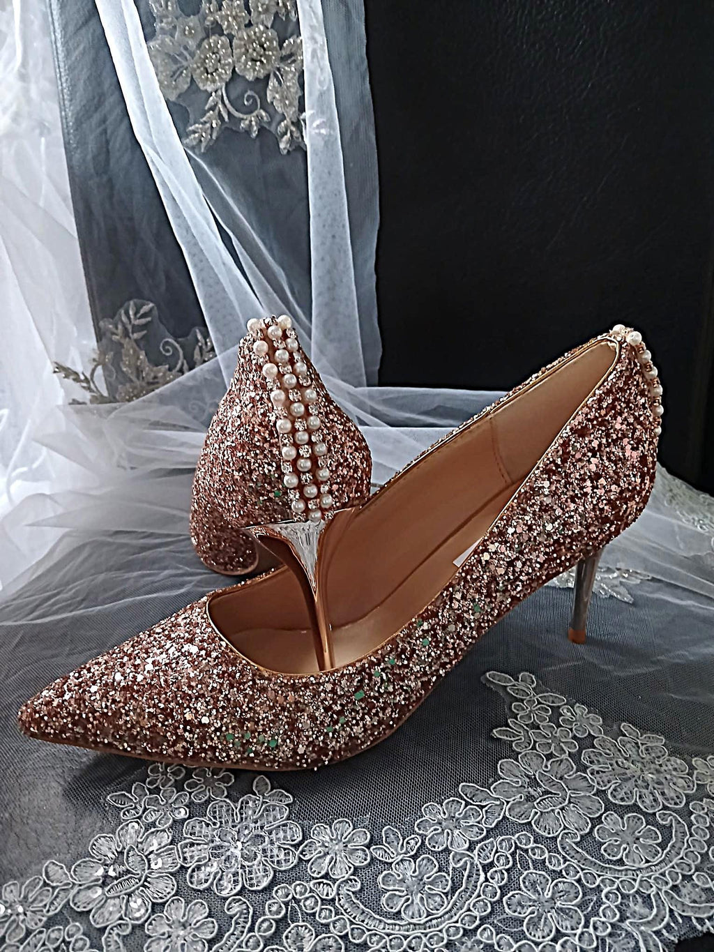Rose Gold Glitter Shoes Hat and Clutch Bag Set: Low Heel Bridal Footwear