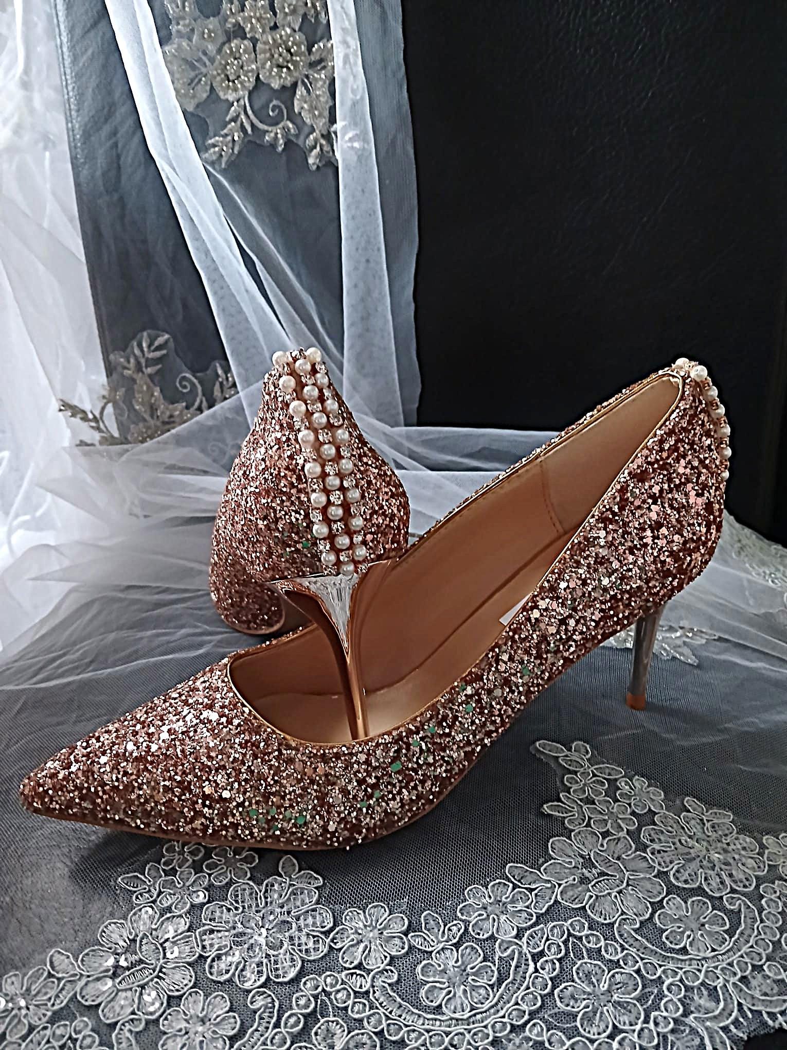 Rose Gold Glitter Shoes Hat and Clutch Bag Set: Low Heel Bridal Footwear